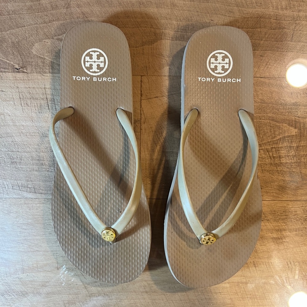 Tory Burch Tan Flip Flops with Gold Logo